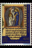 Annunciazione - (20.11.1995) - La vignetta tratta dal codice miniato latino (1122, f. 171r -Sec. XIV), conservato presso la Biblioteca Apostolica Vaticana, raffigura l'Annunciazione alla Beata Vergine Maria. Con l'Annunciazione alla Vergine da parte dell'Angelo Gabriele, e l'accettazione coraggiosa e devota di Maria, comincia a prendere forma concreta il progetto salvifico di Dio. A destra, la scritta Verso l'Anno Santo del 2000; in basso, le chiavi decussate sormontate dal triregno, la scritta Citt del Vaticano ed il valore. Policromo.