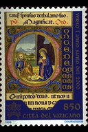 Nativit - (20.11.1995) - La vignetta tratta dal codice miniato latino (1122, f. 171r -Sec. XIV), conservato presso la Biblioteca Apostolica Vaticana, raffigura la Nativit di nostro Signore Ges Cristo. Agli occhi del cristiano il Natale  il pi grande avvenimento nella storia del mondo e non si pu non sottolineare questo straordinario evento che rappresenta il ricordo del formidabile, storico e decisivo incontro di Dio con l'umanit. Ges, figlio di Dio si  fatto uomo per noi, l'umilt  quindi la lezione fondamentale del Natale. Festa di pace, festa di gioia e di speranza. A destra, la scritta Verso l'Anno Santo del 2000; in basso, le chiavi decussate sormontate dal triregno, la scritta Citt del Vaticano ed il valore. Policromo.