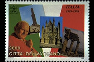 Visite pastorali in Italia - 1989 - 1994 . Sulla sinistra Sua Santit Giovanni Paolo II, in alto la "Lanterna" (Faro) del porto di Genova, al centro la facciata del Duomo di Orvieto, a destra, uno scorcio della Valle dei Templi ad Agrigento; sullo sfondo i colori della bandiera italiana. In alto, le chiavi decussate sormontate dal triregno, i nomi dei paesi visitati e le date del viaggio; in basso, la scritta Citt del Vaticano ed il valore. Policromo.