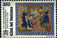 Marco Polo riceve il libro d'oro - (15.3.1996) - La vignetta tratta da alcune miniature conservate presso la Bodleian Library a Oxford raffigura Marco Polo che riceve dal Gran Khan il libro d'oro (MS. Bodl. 264 (Part III), fol. 219). A sinistra, le chiavi decussate sormontate dal triregno, le scritte 700 Anniversario del ritorno di Marco Polo dalla Cina - Citt del Vaticano, ed il valore. Policromo.