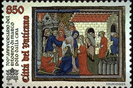 Il Gran Khan distribuisce elemosine - (15.3.1996) - La vignetta tratta da alcune miniature conservate presso la Bodleian Library a Oxford raffigural il Gran Khan che distribuisce elemosine ai poveri della citt di Cambaluc (MS. Bodl. 264 (Part III), fol. 244). A sinistra, le chiavi decussate sormontate dal triregno, le scritte 700 Anniversario del ritorno di Marco Polo dalla Cina - Citt del Vaticano, ed il valore. Policromo.