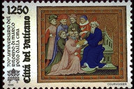 Marco Polo consegna una lettera - (15.3.1996) - La vignetta tratta da alcune miniature conservate presso la Bodleian Library a Oxford raffigura Marco Polo che consegna al Gran Khan una lettera di Papa Gregorio X (MS. Bodl. 264 (Part III), fol. 220). A sinistra, le scritte 700 Anniversario del ritorno di Marco Polo dalla Cina - Citt del Vaticano, ed il valore. Policromo.