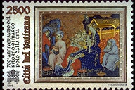 Marco Polo in Persia - (15.3.1996) - La vignetta tratta da alcune miniature conservate presso la Bodleian Library a Oxford raffigura Marco Polo in Persia, mentre ascolta la storia dei tre Re che vanno a Betlemme ad adorare Ges (MS. Bodl. 264 (Part III), fol. 223v). A sinistra, le chiavi decussate sormontate dal triregno, le scritte 700 Anniversario del ritorno di Marco Polo dalla Cina - Citt del Vaticano, ed il valore. Policromo.