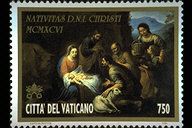 Nativit - (20.11.1996) - La Nativit, opera del Murillo (Siviglia, 1618-1682), conservata presso i Musei Vaticani, ma non esposta al pubblico, raffigura una scena natalizia di grande forza e colore, e di grande significato religioso. In alto, la scritta Nativitas D.N.I. Christi MCMXCVI; in basso, la scritta Citt del Vaticano ed il valore. Policromo.