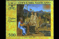 De Historia Animalium - (23.4.1997) - Il francobollo, tratto da un'illustrazione libraria di Aristotele, "De Historia Animalium" ( Reg. Vat. Lat. 2094, f.8 - sec. XV), raffigura Aristotele intento ad osservare e descrivere le specie animali, dall'uomo agli insetti. In alto, le chiavi decussate sormontate dal triregno e la scritta Citt del Vaticano; a sinistra, la scritta Vedere i Classici; in basso, il valore. Policromo.