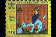Metamorfosi - (23.4.1997) - Il francobollo, tratto da un'illustrazione libraria di Ovidio, "Metamorfosi" (Reg. Lat. 1480, f. 176 - sec. XIV), raffigura Bacco a cavallo di un drago, con la testa all'ins, che si riflette in uno specchio rotondo. In alto, le chiavi decussate sormontate dal triregno e la scritta Citt del Vaticano; a sinistra, la scritta Vedere i Classici; in basso, il valore. Policromo.