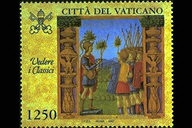 Iliade - (23.4.1997) - Il francobollo, tratto da un'illustrazione libraria di Omero, "Iliade" (Vat. Gr. 1626, f. 18 - sec. XV, raffigura un generale (Agamennone?) mentre arringa i propri soldati. In alto, le chiavi decussate sormontate dal triregno e la scritta Citt del Vaticano; a sinistra, la scritta Vedere i Classici; in basso, il valore. Policromo.
