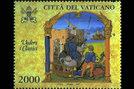 Ab Urbe Condita - (23.4.1997) - Il francobollo, tratto da un'illustrazione libraria di Tito Livio, "Ab Urbe Condita" (Reg. Lat. 720, f. 253 - sec. XVI), raffigura Annibale vittorioso che parte da Canne, due cavalieri che si allontanano dalla citt distrutta, osservati da un fante. In alto, le chiavi decussate sormontate dal triregno e la scritta Citt del Vaticano; a sinistra, la scritta Vedere i Classici ed, in basso, il valore. Policromo.