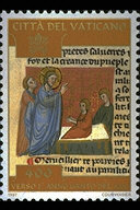 Guarigione del Paralitico - (15.9.1997) - La vignetta, tratta da codice miniato (Urb. Lat. 11 sec.XIV), conservato presso la Biblioteca Apostolica Vaticana, raffigura un miracolo di Ges: la Guarigione del Paralitico. Episodio nel quale Ges, al cospetto del quale era stato portato un paralitico, perdon i suoi peccati e rispose alle obiezioni di scribi e farisei, i quali lo ritenevano perci un bestemmiatore, con queste parole: "che cosa  pi facile dire: ti siano rimessi i tuoi peccati o alzati e cammina? Ora perch sappiate che il Figlio dell'Uomo ha il potere sulla terra di rimettere i peccati: Io ti dico - rivolgendosi al paralitico - alzati, prendi il tuo lettuccio e va a casa tua". (Lc 5, 17-24). In alto, la scritta Citt del Vaticano e le chiavi decussate sormontate dal triregno; in basso, il valore. Policromo.