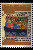 Tempesta Sedata - (15.9.1997) - La vignetta, tratta da codice miniato (Urb. Lat. 11 sec.XIV), conservato presso la Biblioteca Apostolica Vaticana, raffigura un miracolo di Ges: la Tempesta Sedata. Ges nel vedere i discepoli terrorizzati poich una violenta tempesta si era abbattuta sulla loro barca, durante l'attraversamento di un lago, pose loro la domanda: dove  la vostra fede? Ges plac il vento e le acque, tra lo stupore e la meraviglia dei discepoli (Lc 8, 22-25). In alto, la scritta Citt del Vaticano e le chiavi decussate sormontate dal triregno; in basso, il valore. Policromo.