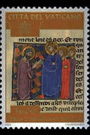 Confessione di Pietro - (15.9.1997) - La vignetta, tratta da codice miniato (Urb. Lat. 11 sec.XIV), conservato presso la Biblioteca Apostolica Vaticana, raffigura la Confessione di Pietro ed il Conferimento del Primato. Il pescatore rispose alla domanda di Ges "Chi sono io?" con le parole "tu sei il Cristo, il Figlio del Dio vivente",e Ges gli disse: "..tu sei Pietro e su questa Pietra edificher la mia Chiesa e le porte degli inferi non prevarranno contro di essa.a te dar le chiavi del regno dei cieli" (Mt 16, 13-20). In alto, la scritta Citt del Vaticano e le chiavi decussate sormonte dal triregno; in basso, il valore. Policromo.