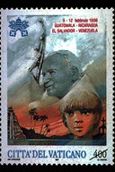 Viaggio in Guatemala, Nicaragua, El Salvador e Venezuela 5 - 12 febbraio 1996, Sullo sfondo della natura sudamericana, una piramide guatemalteca; sulla destra, il volto di un giovane indio, simbolo delle popolazioni del luogo. In alto, le chiavi decussate sormontate dal triregno, i nomi delle sedi visitate e le date del viaggio; in basso, la scritta Citt del Vaticano ed il valore. Policromo.