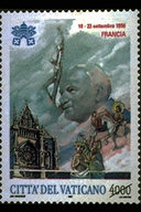 Viaggio in Francia 19 -22 settembre 1996. A simboleggiare questa visita un particolare della Cattedrale di Reims e le immagini di S. Martino di Tours e del Battesimo di Clodoveo. In alto, le chiavi decussate sormontate dal triregno, il nome della sede visitata e le date del viaggio; in basso, la scritta Citt del Vaticano ed il valore. Policromo.