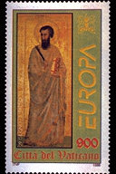 S. Paolo - (24.3.1998) - S. Paolo, immagine tratta dalla predella del Trittico Stefaneschi, commissionato a Giotto dal Cardinale Jacopo Caetani degli Stefaneschi, eseguito intorno al 1320 e conservato nella Pinacoteca dei Musei Vaticani. A destra la scritta Europa; in alto le chiavi decussate sormontate dal triregno; in basso la scritta Citt del Vaticano ed il valore. Policromo.