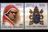 Clemente VI - (24.3.1998) - Effigie di Clemente VI. Il Pontefice che stava ad Avignone decise, nel 1350, di celebrare l'Anno Santo ogni cinquanta anni per consentire ad un maggior numero di fedeli di lucrarlo. In alto, la scritta Anno Santo 1350 e il nome del Papa. In basso, la scritta Citt del Vaticano ed il valore. A destra del francobollo si trova la bandella raffigurante lo stemma del Pontefice. Policromo.