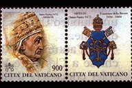 Sisto IV - (24.3.1998) - Effigie di Sisto IV. Papa Paolo II nel 1470 abbrevi ancora l'intervallo tra i Giubilei, portandolo a 25 anni, cio il tempo attuale; fu quindi Sisto IV, nel 1475, a celebrare l'Anno Santo. In alto, la scritta Anno Santo 1475 e il nome del Papa. In basso, la scritta Citt del Vaticano ed il valore. A destra del francobollo si trova la bandella raffigurante lo stemma del Pontefice. Policromo.