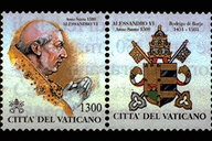 Alessandro VI - (24.3.1998) - Effigie di Alessandro VI. Il Pontefice celebr il Giubileo del 1500 stabilendo che si aprisse la Porta Santa nelle quattro Basiliche Patriarcali di Roma. In alto, la scritta Anno Santo 1500 e il nome del Papa. In basso, la scritta Citt del Vaticano ed il valore. A destra del francobollo si trova la bandella raffigurante lo stemma del Pontefice. Policromo.