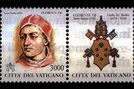 Clemente VII - (24.3.1998) - Effigie di Clemente VII. Il Pontefice celebr il Giubileo in un periodo storico segnato dalle dottrine luterane e funestato da guerre di religione che culminarono con il terribile saccheggio di Roma nel 1527. In alto, la scritta Anno Santo 1525 e il nome del Papa. In basso, la scritta Citt del Vaticano ed il valore. A destra del francobollo si trova la bandella raffigurante lo stemma del Pontefice. Policromo.