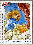 Angelo musicante - (19.5.1998) - Un frammento di Angelo musicante, che costituiva parte di una decorazione absidale, avente per oggetto l'Ascensione di Cristo, conservato presso la Pinacoteca Vaticana. In alto a sinistra il valore; a sinistra la scritta Melozzo da Forl - Angeli Musicanti; in basso, le chiavi decussate sormontate dal triregno e la scritta Citt del Vaticano. Policromo.