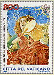Angelo musicante - (19.5.1998) - Un frammento di Angelo musicante, che costituiva parte di una decorazione absidale, avente per oggetto l'Ascensione di Cristo, conservato presso la Pinacoteca Vaticana. In alto a sinistra il valore; a sinistra la scritta Melozzo da Forl - Angeli Musicanti; in basso, le chiavi decussate sormontate dal triregno e la scritta Citt del Vaticano. Policromo.