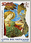 Angelo musicante - (19.5.1998) - Un frammento di Angelo musicante, che costituiva parte di una decorazione absidale, avente per oggetto l'Ascensione di Cristo, conservato presso la Pinacoteca Vaticana. In alto a sinistra il valore; a sinistra la scritta Melozzo da Forl - Angeli Musicanti; in basso, le chiavi decussate sormontate dal triregno e la scritta Citt del Vaticano. Policromo.