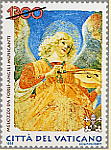 Angelo musicante - (19.5.1998) - Un frammento di Angelo musicante, che costituiva parte di una decorazione absidale, avente per oggetto l'Ascensione di Cristo, conservato presso la Pinacoteca Vaticana. In alto a sinistra il valore; a sinistra la scritta Melozzo da Forl - Angeli Musicanti; in basso, le chiavi decussate sormontate dal triregno e la scritta Citt del Vaticano. Policromo.