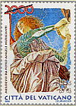 Angelo musicante - (19.5.1998) - Un frammento di Angelo musicante, che costituiva parte di una decorazione absidale, avente per oggetto l'Ascensione di Cristo, conservato presso la Pinacoteca Vaticana. In alto a sinistra il valore; a sinistra la scritta Melozzo da Forl - Angeli Musicanti; in basso, le chiavi decussate sormontate dal triregno e la scritta Citt del Vaticano. Policromo.