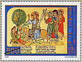 L'ingresso di Ges in Gerusalemme - (19.5.1998) - " Quando si avvicinarono a Gerusalemme, mand due dei suoi discepoli e disse loro: Andate nel villaggio che vi sta di fronte, e troverete un asinello legato, sul quale nessuno  mai salito. Scioglietelo e conducetelo a me. E se qualcuno vi dir : Perch fate questo? risponderete: Il Signore ne ha bisogno, ma lo rimander subito. Essi condussero l'asinello a Ges, e vi gettarono sopra i loro mantelli, ed egli vi mont sopra. E molti stendevano i propri mantelli sulla strada e altri delle fronde che avevano tagliato dai campi e gridavano: Osanna! Benedetto colui che viene nel nome del Signore!" (Mc 11. 1-9). La vignetta, tratta da un codice miniato conservato presso la Biblioteca Apostolica Vaticana, raffigura l'Ingresso di Ges in Gerusalemme. A destra, le chiavi decussate sormontate dal triregno e le scritte Citt del Vaticano, Verso l'Anno Santo del 2000; in basso il valore. Policromo.