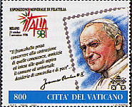 Italia '98 - (23.10.1998) - Il francobollo raffigura un ritratto di Sua Santit Giovanni Paolo II, realizzato dal Maestro Irio Ottavio Fantini e le parole di speranza del Papa: "Il francobollo possa concorrerre alla costruzione di quelle conoscenze, amicizie ed intese alle quali aspira il comune ed universale desiderio di concordia e di pace". In basso, la scritta Citt del Vaticano ed il valore. Policromo.
