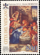 Nativit - (01.12.1998) - La Nativit, opera di Giulio Clovio, raffigura una scena natalizia di grande forza e colore, e di grande significato religioso. In alto, la scritta Nativitas D.N.I. Christi MCMXCVIII; a sinistra, la scritta Citt del Vaticano; in basso, il nome dell'artista ed il valore. Policromo.
