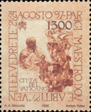 Visita a Parigi - (01.12.1998) - 21-24 agosto 1997, visita a Parigi (Francia):  in occasione della XII Giornata Mondiale della Giovent che il Papa si reca nella Capitale francese. E' qui che trover milioni di giovani entusiasti ad accoglierlo, futuro della Chiesa forte e vitale; nella cornice, le parole che erano il tema della Giornata: "Maestro, dove abiti? Venite e vedrete". In alto, le chiavi decussate sormontate dal triregno ed il valore; in basso, la scritta Citt del Vaticano. Policromo.