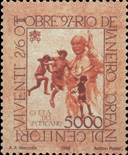 Visita a Rio de Janeiro - (01.12.1998) - 2-6 ottobre 1997, visita a Rio de Janeiro (Brasile): le parole del Santo Padre "Orfani di genitori viventi" sono un monito per tutti gli uomini, affinch amino e si prendano cura dei bambini, dei propri figli, cui  affidata la speranza di un mondo migliore e pi giusto. In alto, le chiavi decussate sormontate dal triregno; in basso, la scritta Citt del Vaticano ed il valore. Policromo