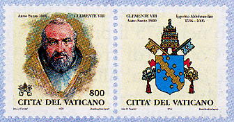 Effigie di Clemente VIII. In alto la scritta Anno Santo 1600 e il nome del Pontefice. In alto, la data dell'Anno Santo ed il nome del Pontefice; in basso le chiavi decussate sormontate dal triregno, la scritta Citt del Vaticano ed il valore. A destra, del francobollo si trova la bandella raffigurante lo stemma del Pontefice. Policromo.