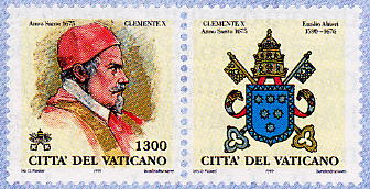 Effigie di Clemente X. In alto, la scritta Anno Santo 1675 e il nome del Pontefice. In alto, la data dell'Anno Santo ed il nome del Pontefice; in basso le chiavi decussate sormontate dal triregno, la scritta Citt del Vaticano ed il valore. A destra del francobollo si trova la bandella raffigurante lo stemma del Pontefice. Policromo.