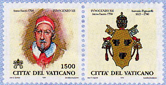 Effigie di Innocenzo XII. In alto, la scritta Anno Santo 1700 e il nome del Pontefice. In alto, la data dell'Anno Santo ed il nome del Pontefice; in basso le chiavi decussate sormontate dal triregno, la scritta Citt del Vaticano ed il valore. A destra del francobollo si trova la bandella raffigurante lo stemma del Pontefice. Policromo.