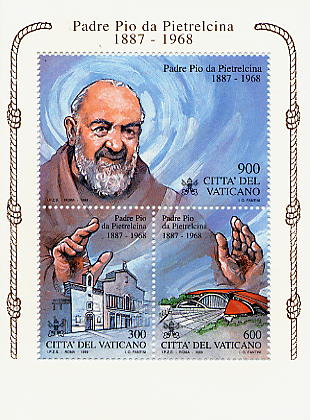 Il foglietto (a sua volta suddiviso in tre francobolli) raffigura Padre Pio, del quale si vedono le mani con le stimmate. In basso, sulla sinistra, sono raffigurate la Cappella originaria del convento e la prima Chiesa; sulla destra, la grande Chiesa attualmente in costruzione a San Giovanni Rotondo.